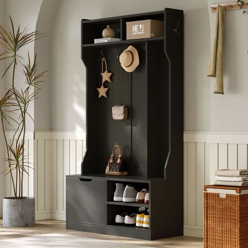 Vestiaire D’entrée Avec Banc, 6 Crochets Et 4 Rangements Ouverts, Noir Moderne