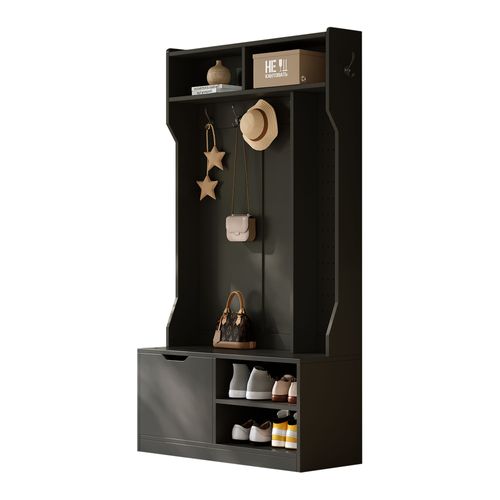 Vestiaire D’entrée Avec Banc, 6 Crochets Et 4 Rangements Ouverts, Noir Moderne