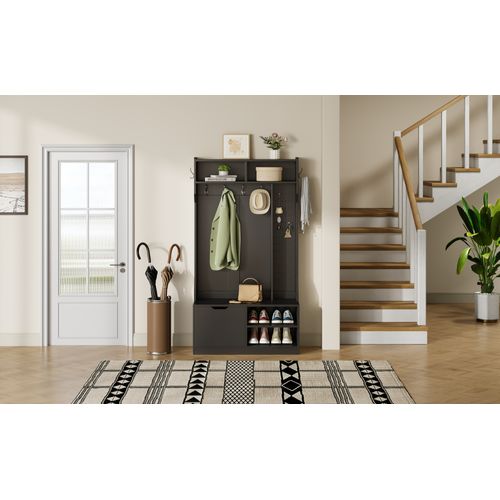 Vestiaire D’entrée Avec Banc, 6 Crochets Et 4 Rangements Ouverts, Noir Moderne