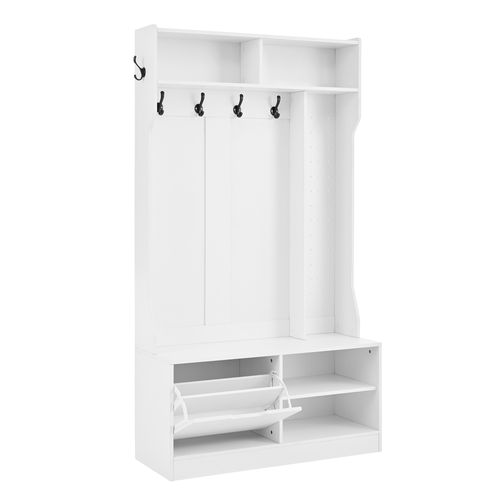 Vestiaire D’entrée Avec Banc, 6 Crochets Et 4 Rangements Ouverts, Blanc Moderne