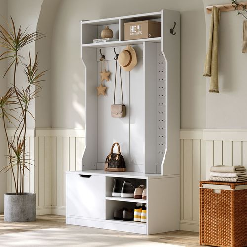 Vestiaire D’entrée Avec Banc, 6 Crochets Et 4 Rangements Ouverts, Blanc Moderne