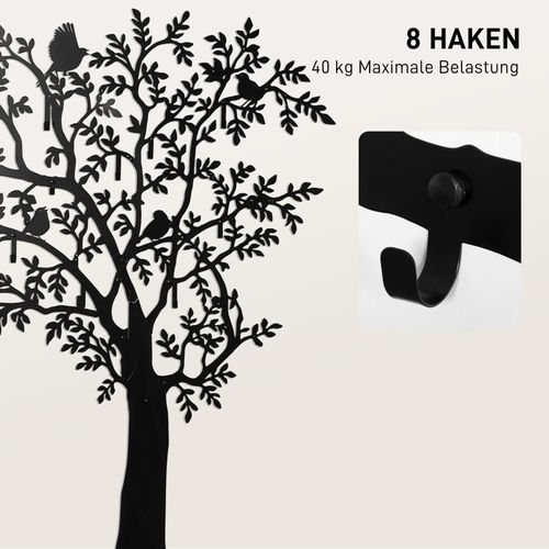 Patère Mural Design Arbre Avec Oiseaux, 8 Crochets Robustes, Noir