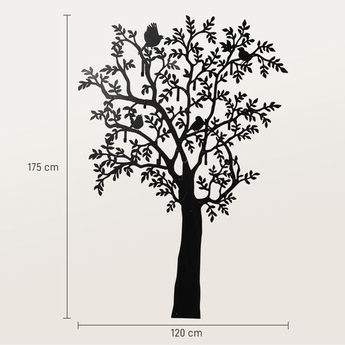 Patère Mural Design Arbre Avec Oiseaux, 8 Crochets Robustes, Noir