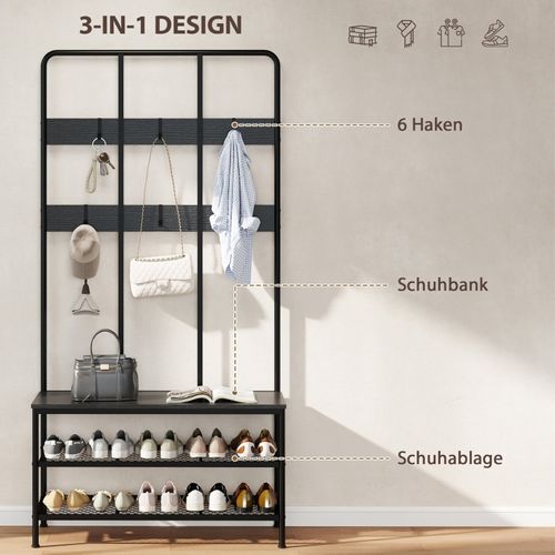 Vestiaire 3-en-1 Avec Banc, 6 Crochets Et Étagère à Chaussures Noir, Pratique