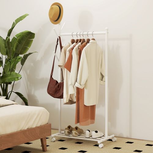 Portant Mobile 3-en-1 Avec Barres, 5 Crochets Et Étagère à Chaussures Blanche