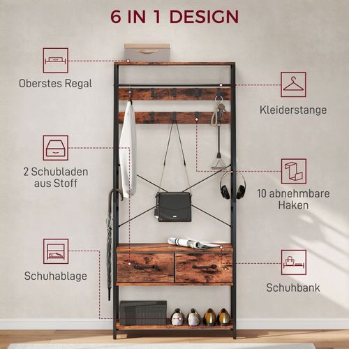 Vestiaire D’entrée Avec Banc, Étagères, 10 Crochets Et Tiroirs Tissu, Style Industriel