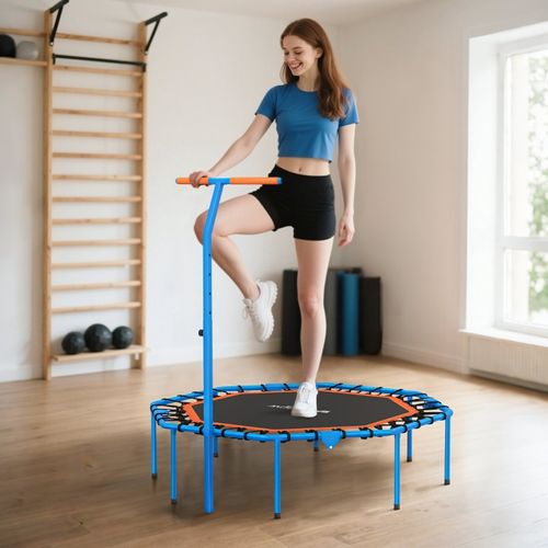 Trampoline Fitness Pliable Avec Poignée Réglable, Silencieux Et Stable, Intérieur, Bleu