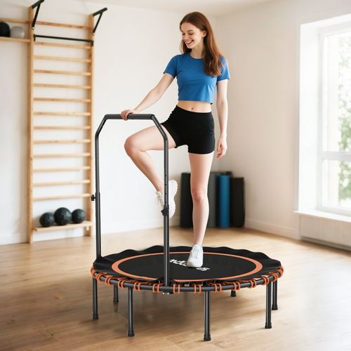 Trampoline Fitness Pliable Avec Poignée Réglable, Mini Trampoline, Orange Et Noir