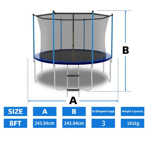 Trampoline Extérieur 8ft Avec Filet De Sécurité, Échelle Et Capacité 181 Kg, Bleu