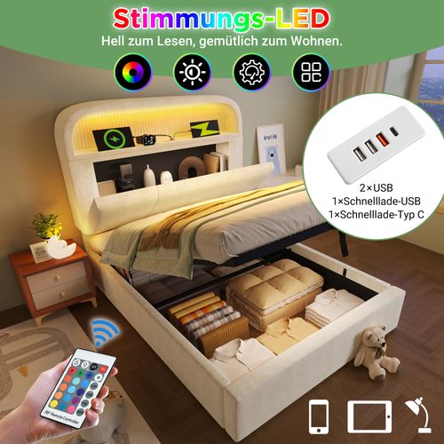 Lit Simple 90x200 Cm En Velours Beige Avec Tête Réglable, LED Et USB/type-c