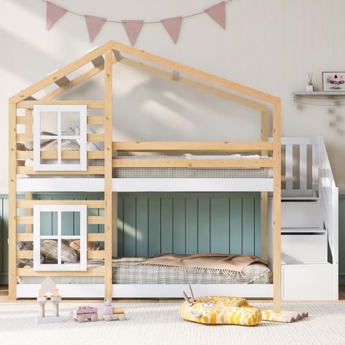 Lit Superposé Cabane Pour Enfants 90x200 Cm Avec Rangements Et Barrières