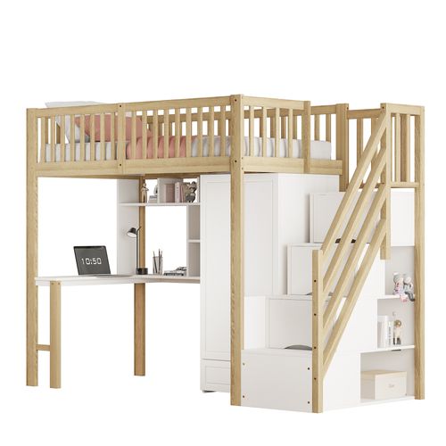Lit Mezzanine 90x200 Cm Avec Armoire, Bureau, Étagères Et Escaliers De Rangement