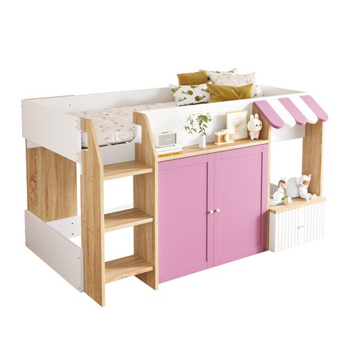 Lit Cabane 90x200 Cm Avec Rangements, Échelle Sécurisée, Lit Enfant Modulable