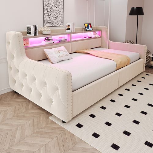 Canapé-lit 90x200 Cm En Velours Beige Avec LED, Rangement Hydraulique Et Prises