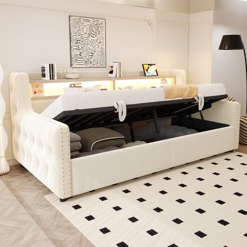 Canapé-lit 90x200 Cm En Velours Beige Avec LED, Rangement Hydraulique Et Prises