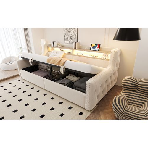 Canapé-lit 90x200 Cm En Velours Beige Avec LED, Rangement Hydraulique Et Prises