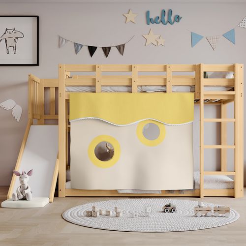 Lit Superposé 90x200 Cm En Bois Naturel Avec Toboggan, Rideaux Et Sécurité