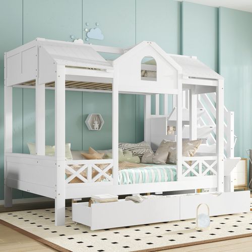 Lit Superposé Enfant Blanc 90x200 Et 140x200 Avec Rangements, Escalier Et Design Cabane