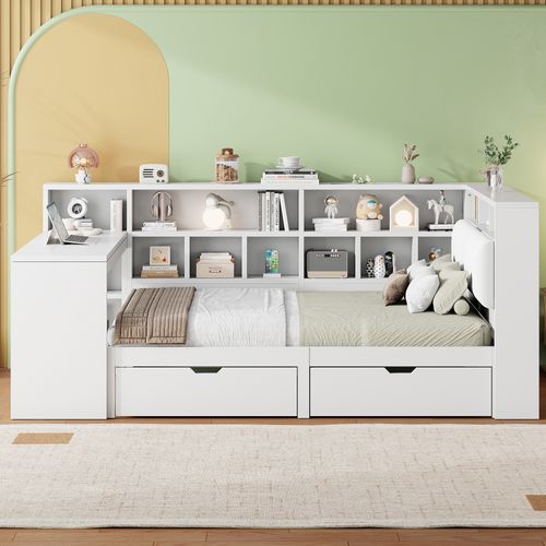 Lit Plateforme D’angle 140x200 Cm En L Avec Bureau, Étagères Et Éclairage LED Intégré