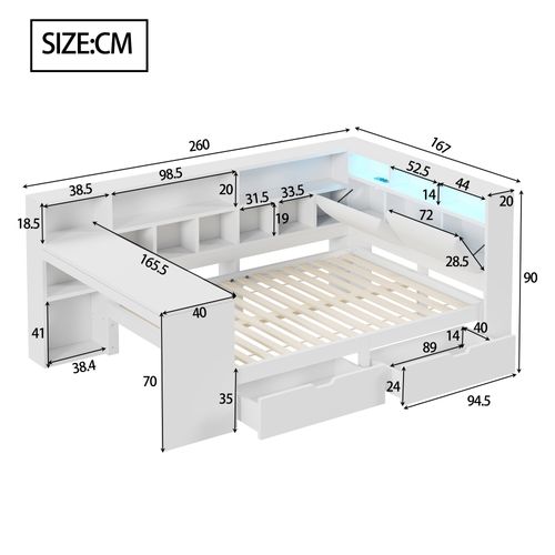 Lit Plateforme D’angle 140x200 Cm En L Avec Bureau, Étagères Et Éclairage LED Intégré