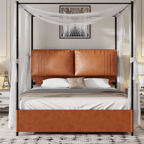 Lit 140x200 Luxueux En Métal Avec Coussins En Cuir Amovibles Et Cadre Multifonction