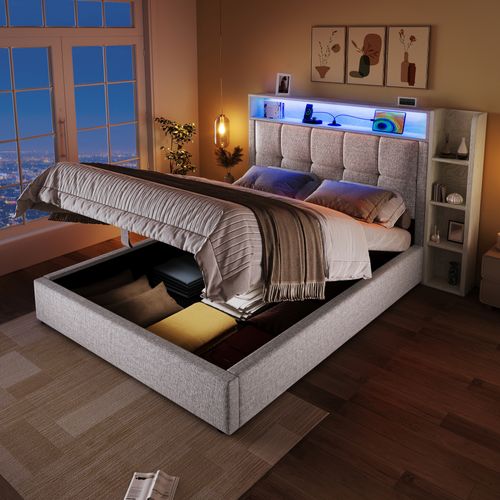 Lit Rembourré 90x200 Cm Beige Avec LED, USB Type-c Et Rangement Hydraulique