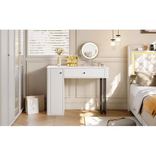 Coiffeuse Blanche Avec Miroir LED Tactile 3 Couleurs, Tiroir Compartimenté Et Meuble De Rangement