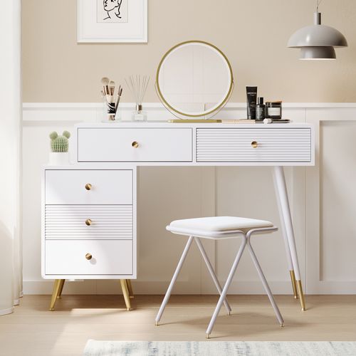 Coiffeuse Blanche Extensible Avec Miroir LED Tactile Et Meuble Latéral Modulable Pour Chambre