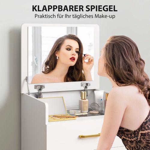 Coiffeuse 3-en-1 Avec Miroir, Table De Chevet Et Tabouret Roulant Blanc