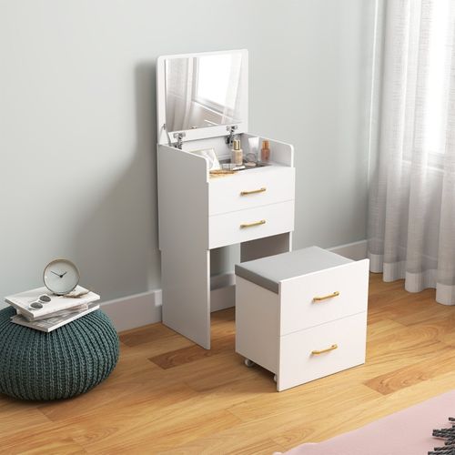 Coiffeuse 3-en-1 Avec Miroir, Table De Chevet Et Tabouret Roulant Blanc