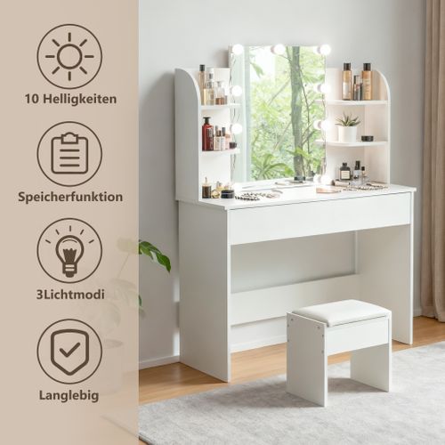 Coiffeuse Avec Miroir LED Et Tabouret, Design Blanc Élégant Pour Maquillage Parfait