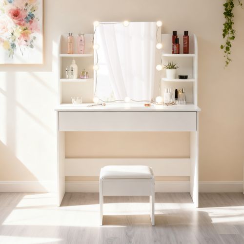 Coiffeuse Avec Miroir LED Et Tabouret, Design Blanc Élégant Pour Maquillage Parfait