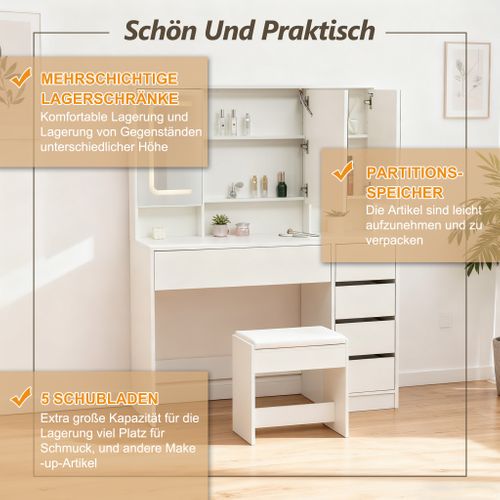 Coiffeuse Avec Miroir LED, Tiroirs Multiples Et Tabouret, Design Blanc Élégant