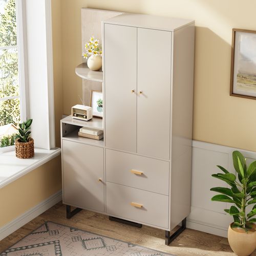 Armoire Compacte Avec Panneaux Rembourrés Et Rangement Chaussures 110x186x38 Cm, Beige