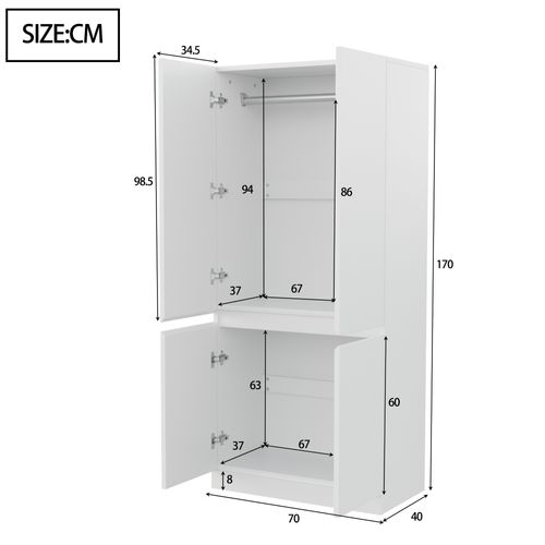 Armoire Double Porte 70x40x170 Cm Avec Grands Compartiments De Rangement, Blanc