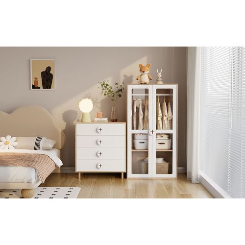 Table De Chevet Avec 4 Tiroirs, Blanc Et Bois, 80x54x90 Cm