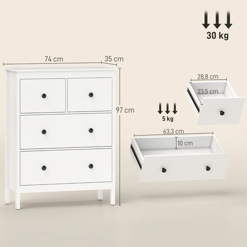 Commode 4 Tiroirs Moderne En Blanc Pour Chambre, Salon Ou Couloir, 74x35x97 Cm