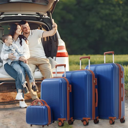 Set De Valises Abs 4 Pièces Avec Roulettes 360°, Tsa Et Trousse Cosmétique, Bleu Antique