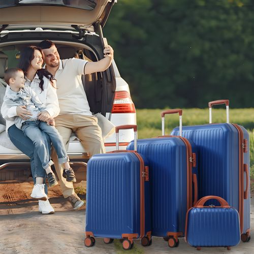 Set De Valises Abs 4 Pièces Avec Roulettes 360°, Tsa Et Trousse Cosmétique, Bleu Antique