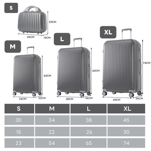 Set De Valises Abs 4 Pièces Avec Roulettes 360°, Tsa Et Trousse Cosmétique, Gris Antique