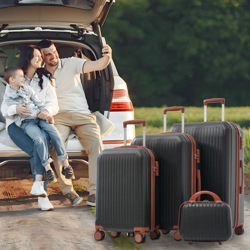 Set De Valises Abs 4 Pièces Avec Roulettes 360°, Tsa Et Trousse Cosmétique, Noir Antique