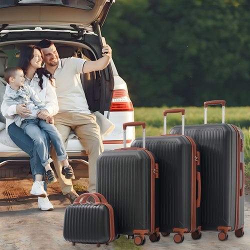 Set De Valises Abs 4 Pièces Avec Roulettes 360°, Tsa Et Trousse Cosmétique, Noir Antique