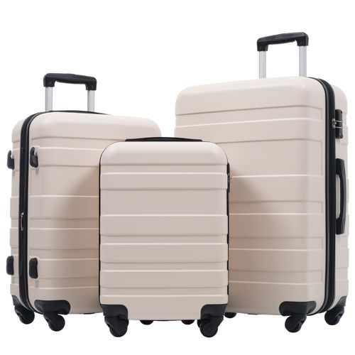 Set De Valises Rigides Abs M L XL Avec Roulettes 360°, Serrure Tsa Et Trousse, Beige Et Noir