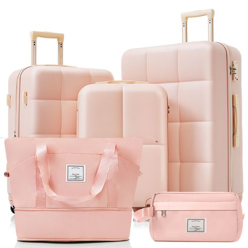 Ensemble De 5 Valises M L XL Avec Sac Et Trousse, Roulettes 360°, Serrure Tsa, Rose