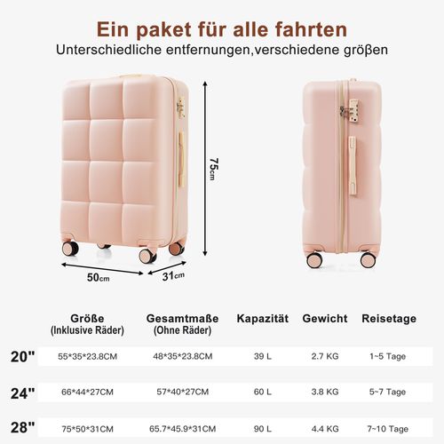 Ensemble De 5 Valises M L XL Avec Sac Et Trousse, Roulettes 360°, Serrure Tsa, Rose