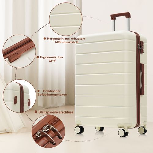 Ensemble De Valises Rigides Abs M L XL Avec Roues 360°, Serrure Tsa, Ivoire Et Marron