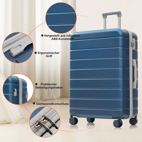 Lot De Valises Rigides Abs M L XL Avec Roulettes 360°, Serrure Tsa Et Trousse De Voyage Bleue