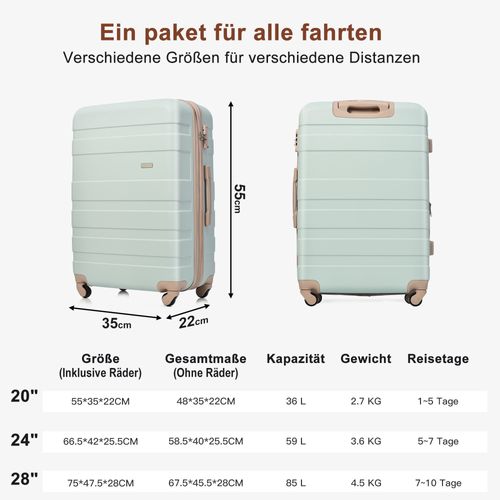 Ensemble De Valises Rigides Abs M L XL Avec Roulettes 360°, Serrure Et Trousse, Vert