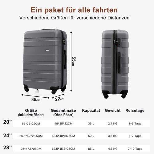 Ensemble De Valises Rigides Abs M L XL Avec Roulettes 360°, Serrure Et Trousse, Gris