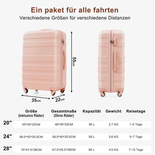 Ensemble De Valises Rigides Abs M L XL Avec Roulettes 360°, Serrure Et Trousse, Rose